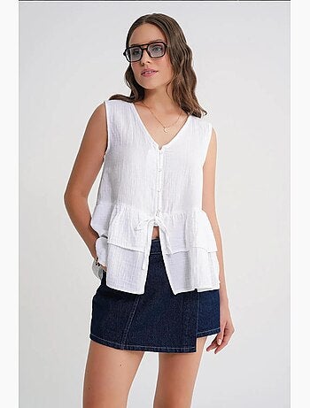 Top en coton mélangé à col v et boutons mixray