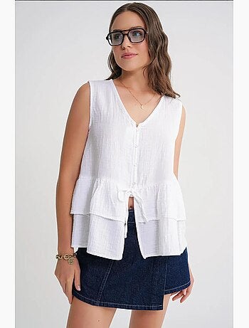 Top en coton mélangé à col v et boutons mixray
