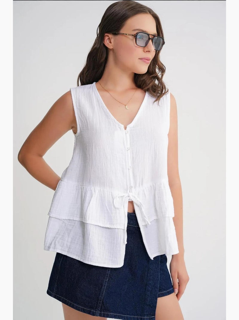 Top en coton mélangé à col v et boutons mixray Blanc - Kiabi