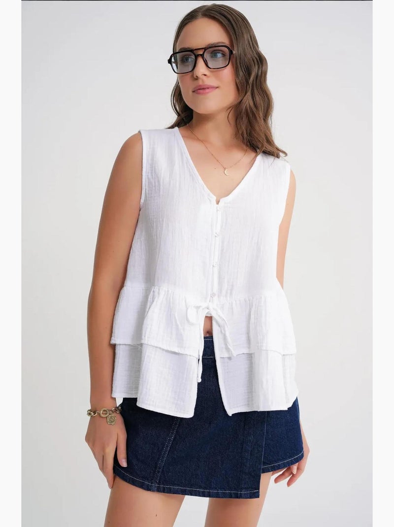 Top en coton mélangé à col v et boutons mixray Blanc - Kiabi