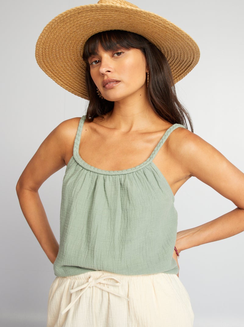 Top en gaze de coton à bretelles tressées Vert - Kiabi