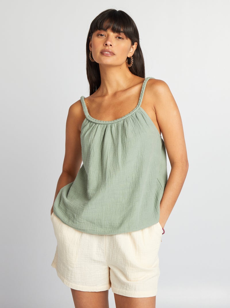 Top en gaze de coton à bretelles tressées Vert - Kiabi