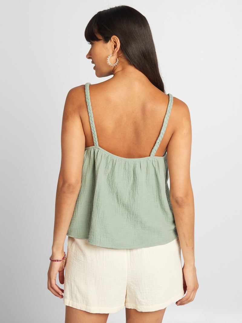Top en gaze de coton à bretelles tressées Vert - Kiabi