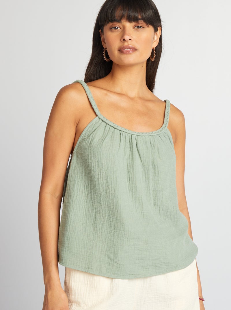 Top en gaze de coton à bretelles tressées Vert - Kiabi