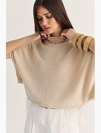 Top en maille dentelle oversize à col montant court lucci