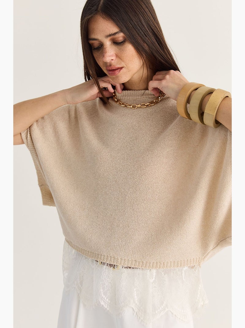 Top en maille dentelle oversize à col montant court lucci Beige argile - Kiabi