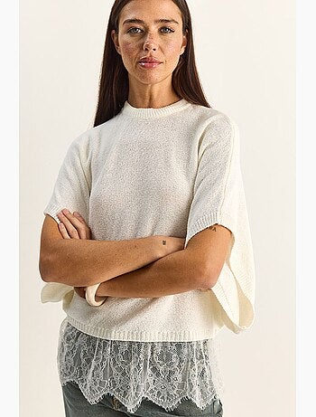Top en maille dentelle oversize à col montant court lucci