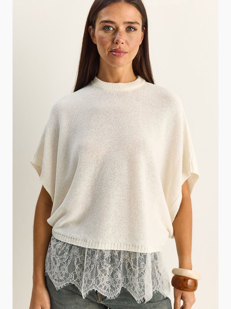 Top en maille dentelle oversize à col montant court lucci Ivoire - Kiabi