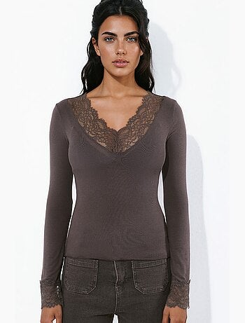 Top en maille extensible à col v avec détail dentelle hiccup