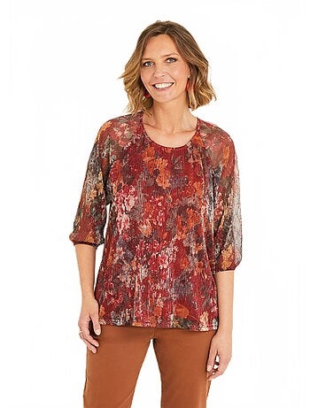 Top évasé maille résille plissée imprimée doublée