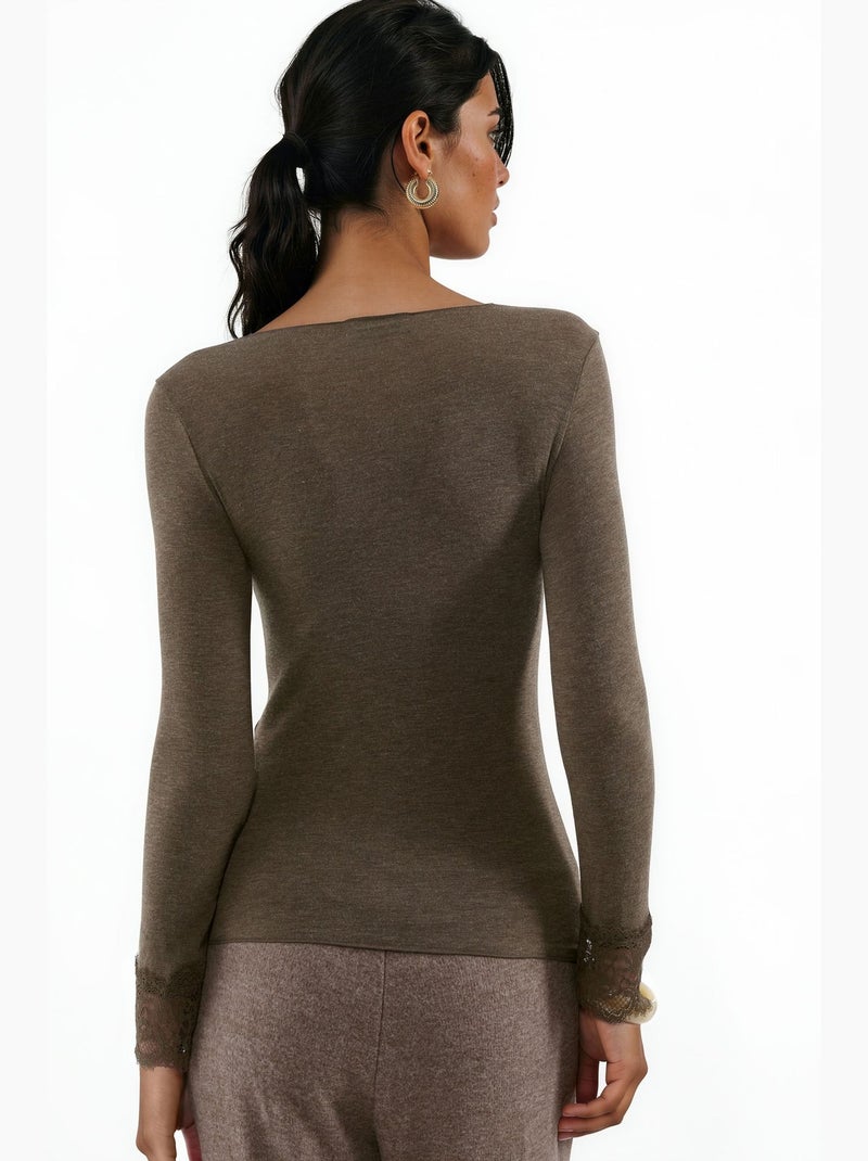Top femme à manches longues en dentelle, col v busem Marron chocolat - Kiabi