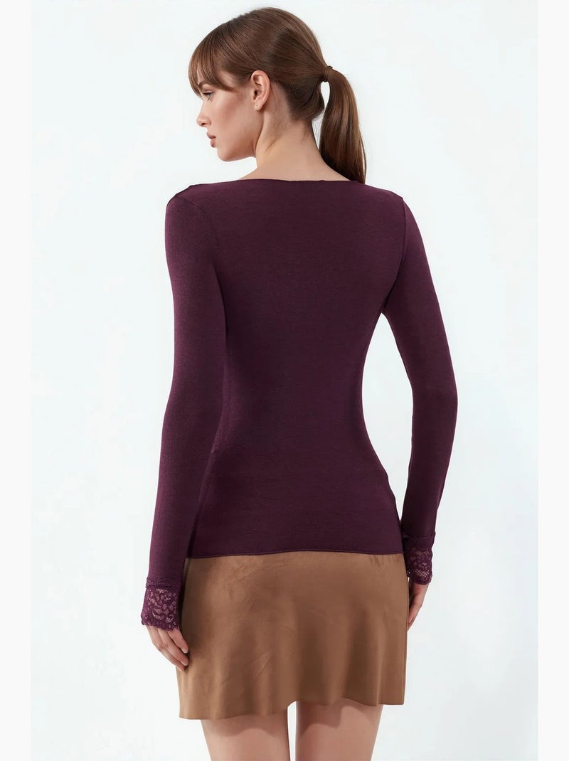 Top femme à manches longues en dentelle, col v busem Rouge bordeaux - Kiabi
