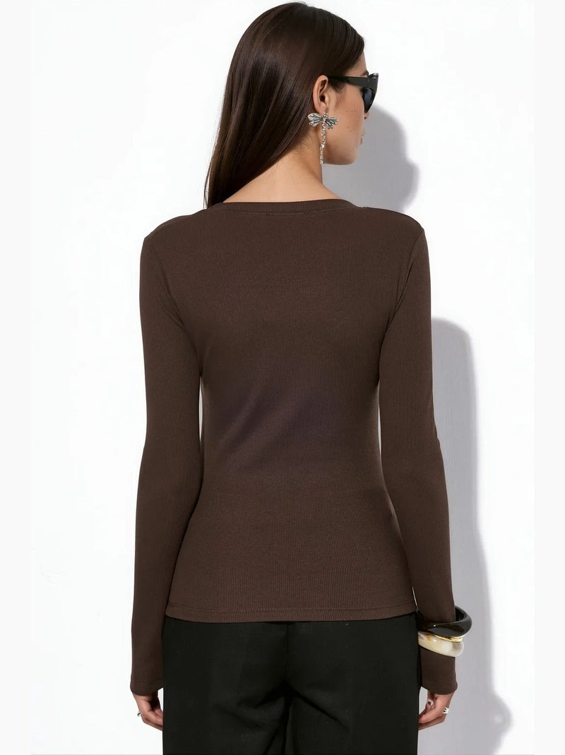 Top femme côtelé à manches longues, coupe ajustée busem Marron chocolat - Kiabi