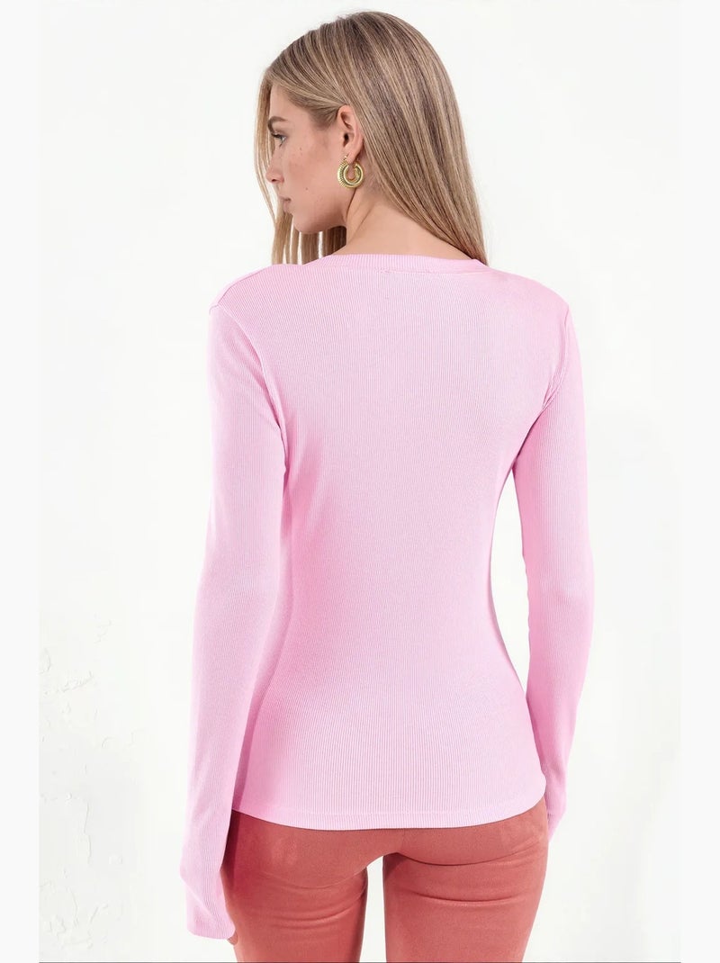 Top femme côtelé à manches longues, coupe ajustée busem Rose clair - Kiabi
