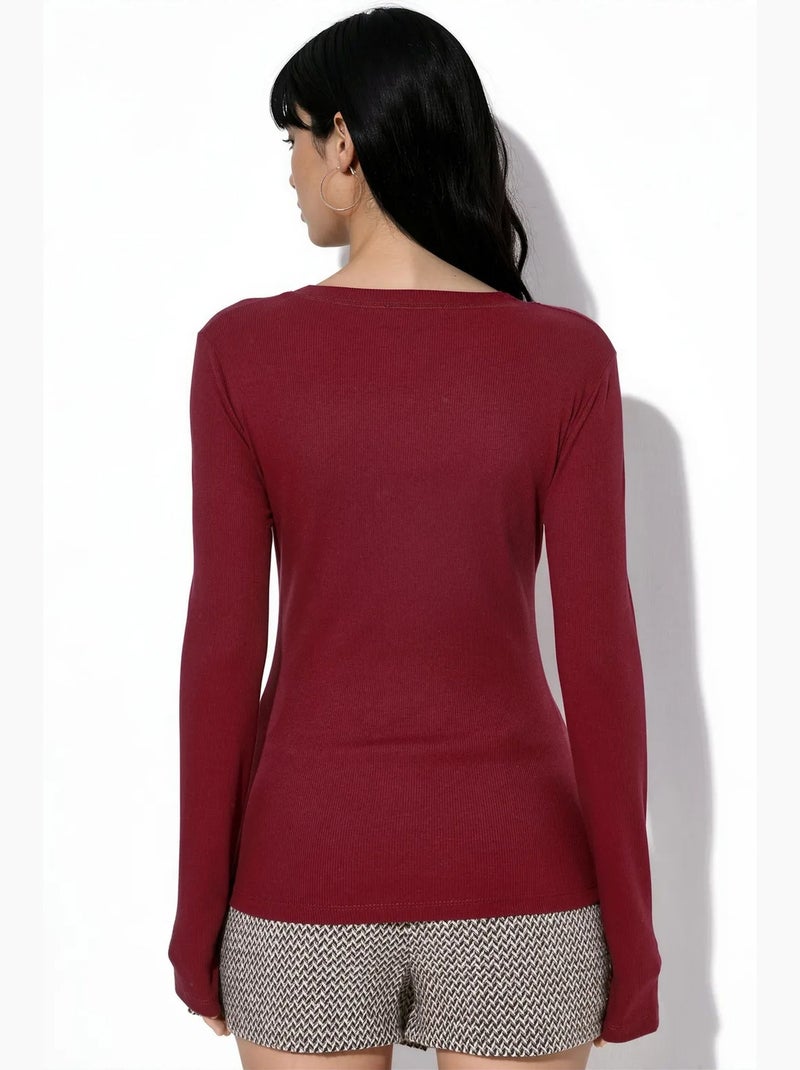 Top femme côtelé à manches longues, coupe ajustée busem Rouge bordeaux - Kiabi