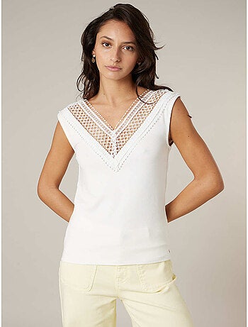 Top femme côtelé col V à dentelle 'Deeluxe'
