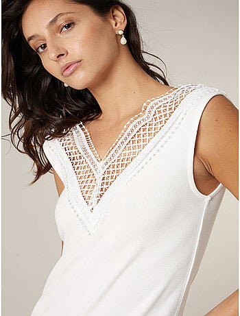 Top femme côtelé col V à dentelle 'Deeluxe'