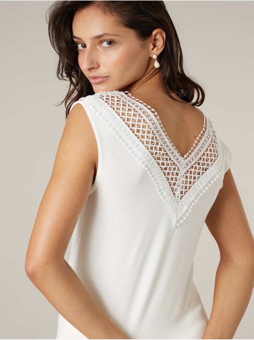 Top femme côtelé col V à dentelle 'Deeluxe' - Kiabi