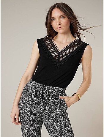 Top femme côtelé col V à dentelle 'Deeluxe'