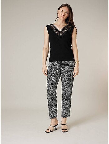 Top femme côtelé col V à dentelle 'Deeluxe'