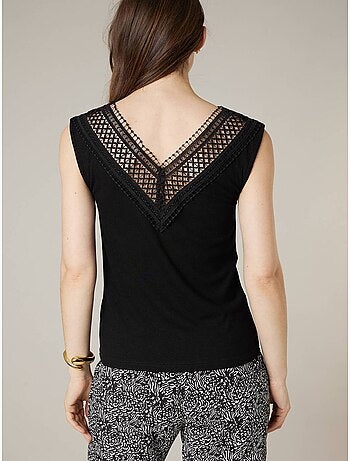 Top femme côtelé col V à dentelle 'Deeluxe'