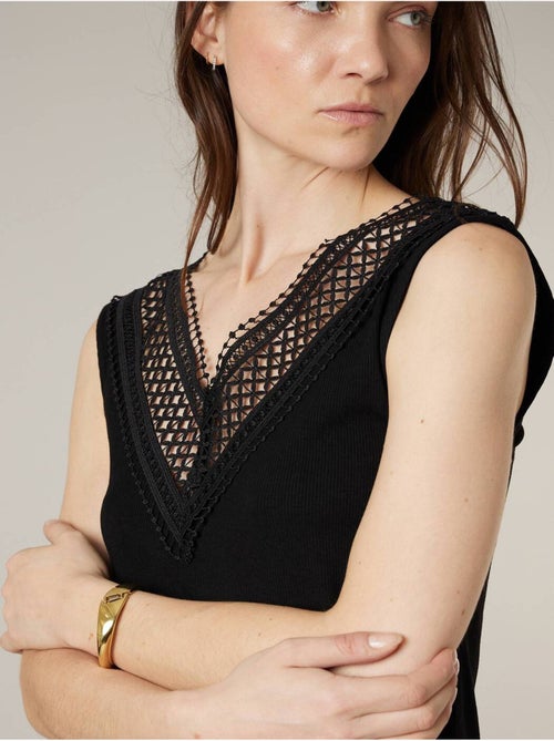 Top femme côtelé col V à dentelle 'Deeluxe' - Kiabi