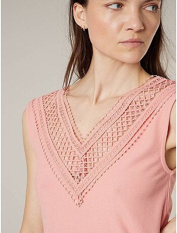 Top femme côtelé col V à dentelle 'Deeluxe'