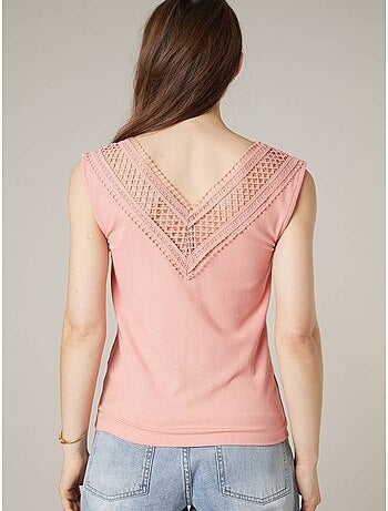Top femme côtelé col V à dentelle 'Deeluxe'