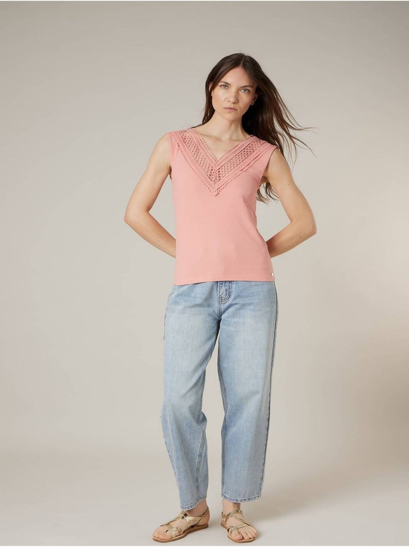 Top femme côtelé col V à dentelle 'Deeluxe' Orange corail - Kiabi