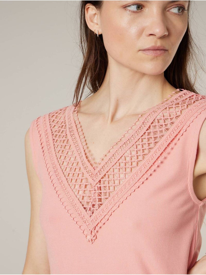 Top femme côtelé col V à dentelle 'Deeluxe' Orange corail - Kiabi