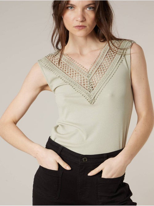 Top femme côtelé col V à dentelle 'Deeluxe' - Kiabi