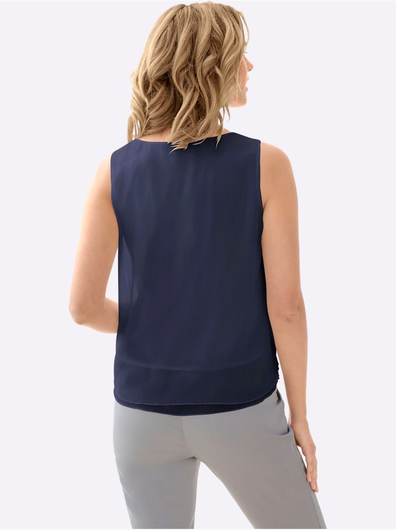 Top femme évasé avec encolure ronde plissée sans manches - Taille standard - Witt Bleu marine - Kiabi