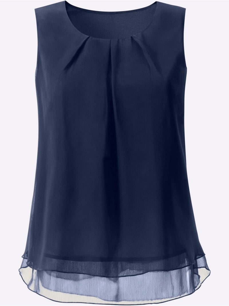 Top femme évasé avec encolure ronde plissée sans manches - Taille standard - Witt Bleu marine - Kiabi