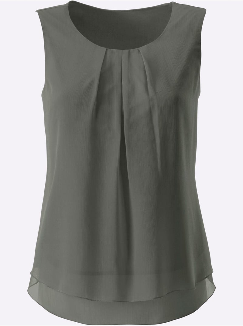 Top femme évasé avec encolure ronde plissée sans manches - taille standard - witt Kaki - Kiabi