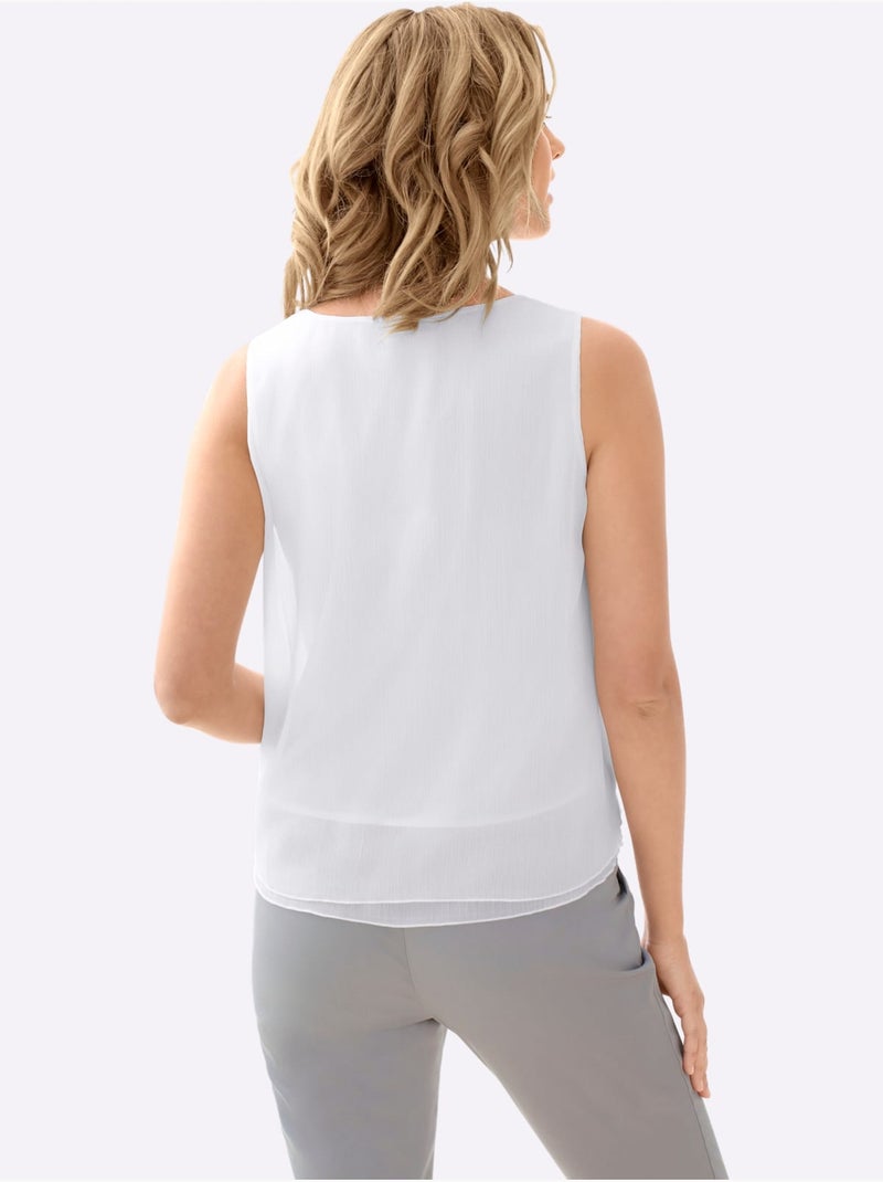 Top femme évasé sans manches avec encolure ronde plissée crêpe Georgette - Taille standard - Witt Blanc cassé - Kiabi