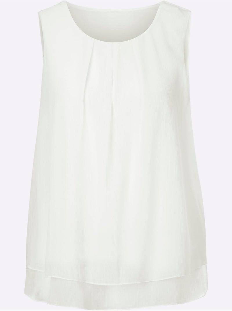 Top femme évasé sans manches avec encolure ronde plissée crêpe Georgette - Taille standard - Witt Blanc cassé - Kiabi