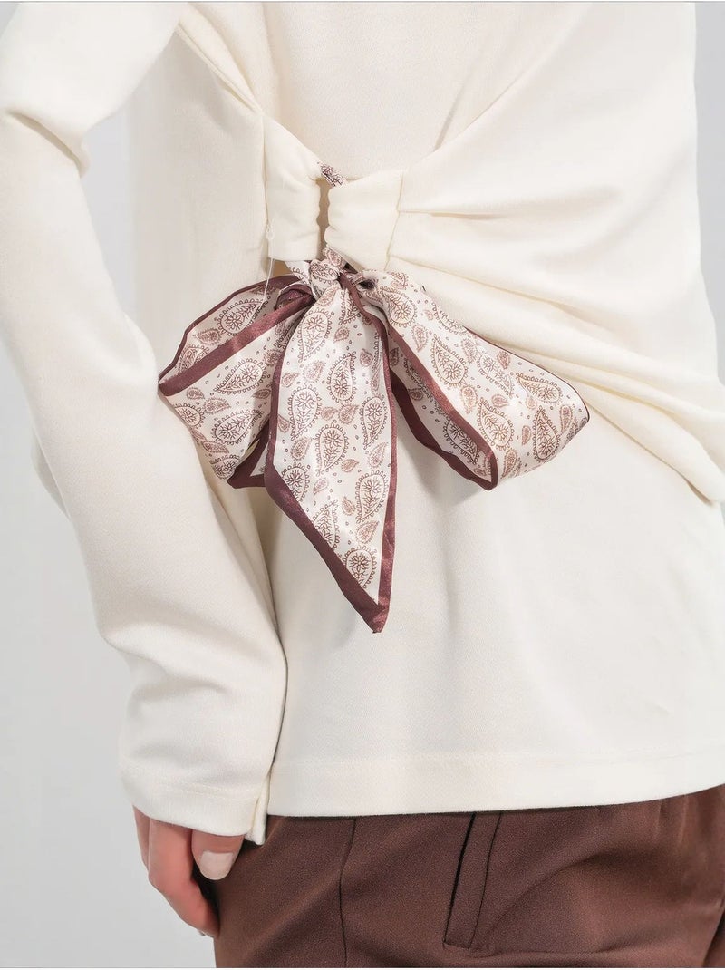 Top femme uni à manches longues avec col rond et lien bdart Blanc cassé - Kiabi