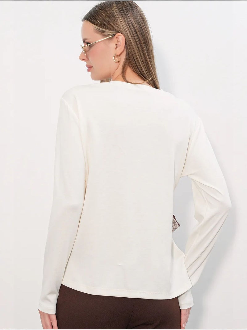 Top femme uni à manches longues avec col rond et lien bdart Blanc cassé - Kiabi