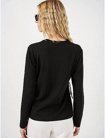 Top femme uni à manches longues avec col rond et lien bdart