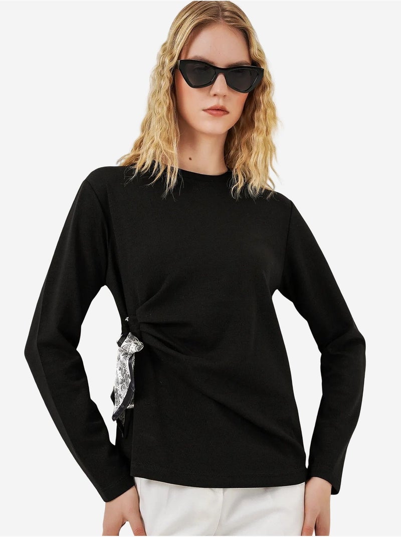 Top femme uni à manches longues avec col rond et lien bdart Noir - Kiabi