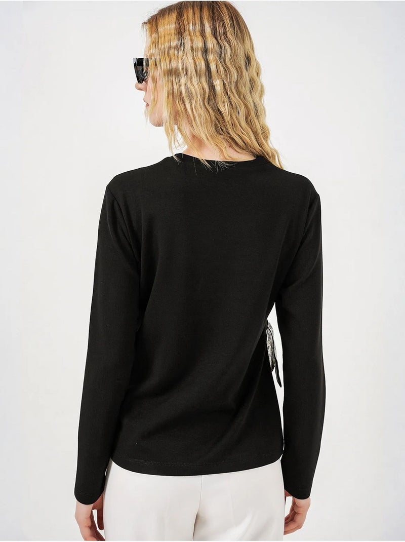 Top femme uni à manches longues avec col rond et lien bdart Noir - Kiabi