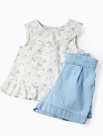 Top Floral + Short en Jean en Coton