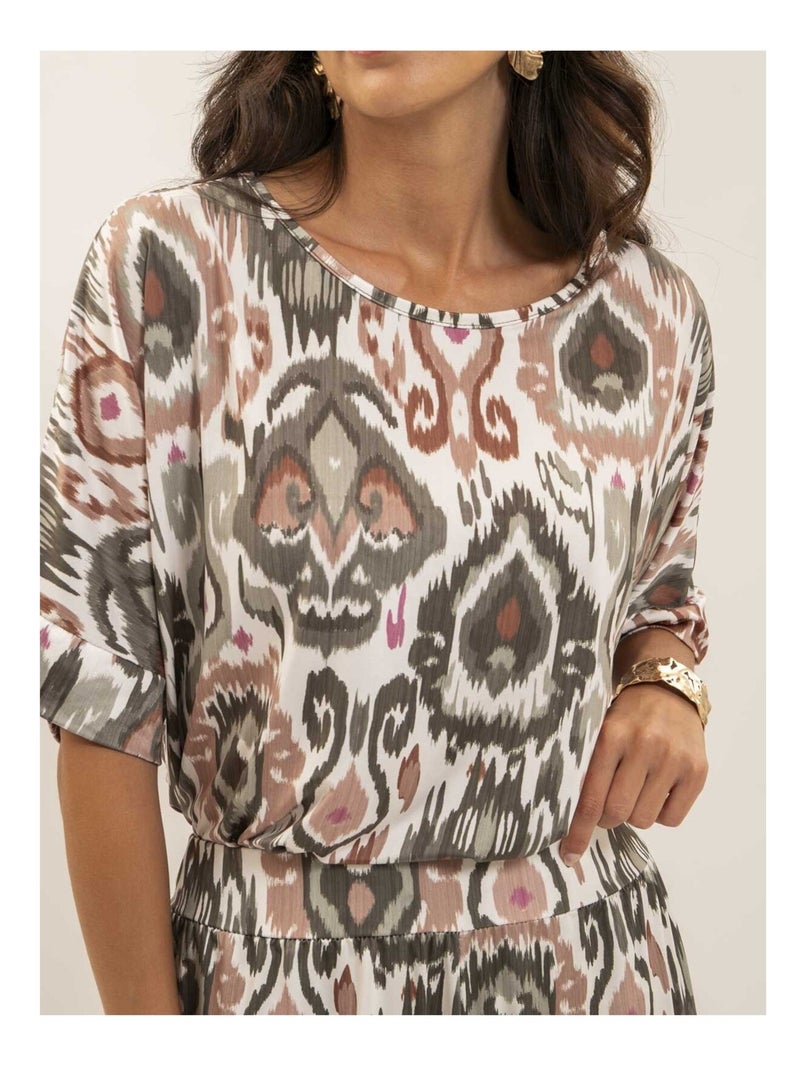 Top fluide manches courtes motifs FLORINE Kaki - Kiabi