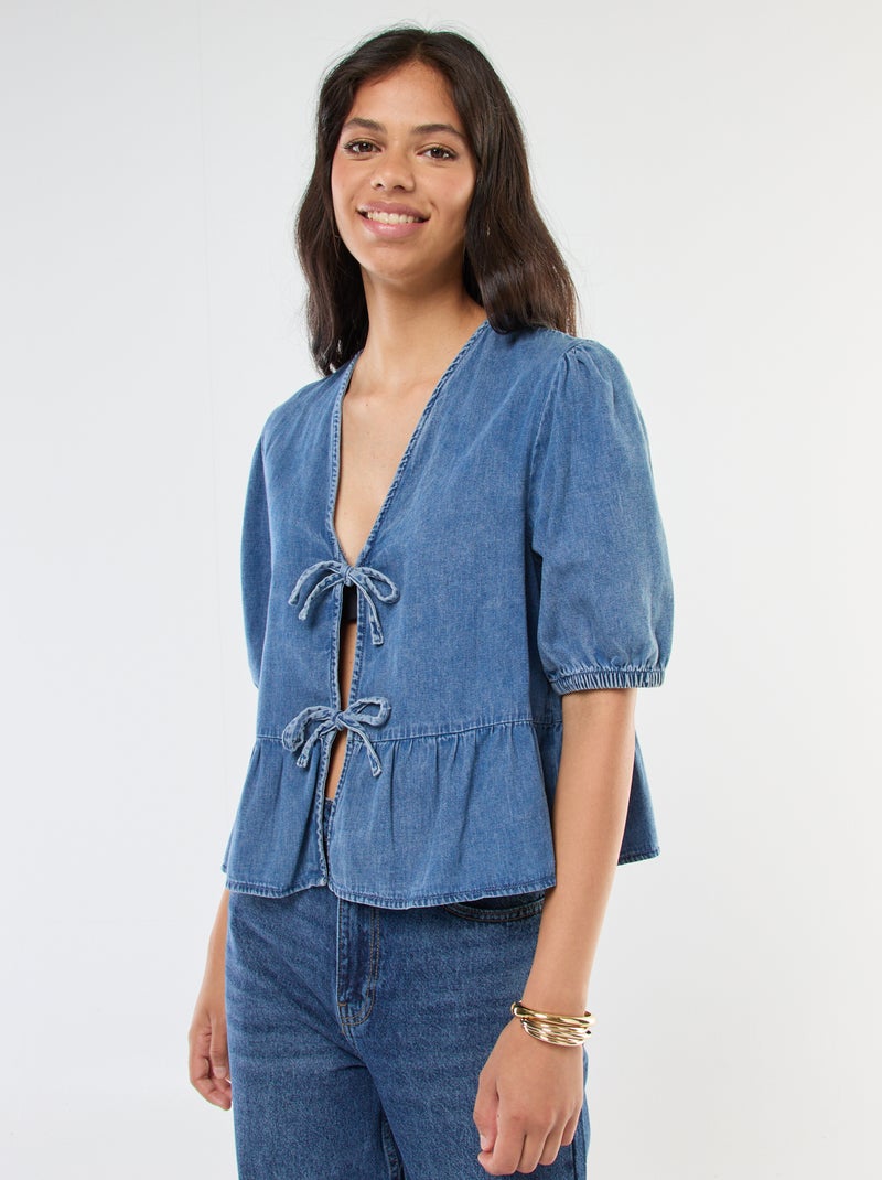 Top gilet en denim avec liens à nouer devant coupe cropped Bleu - Kiabi
