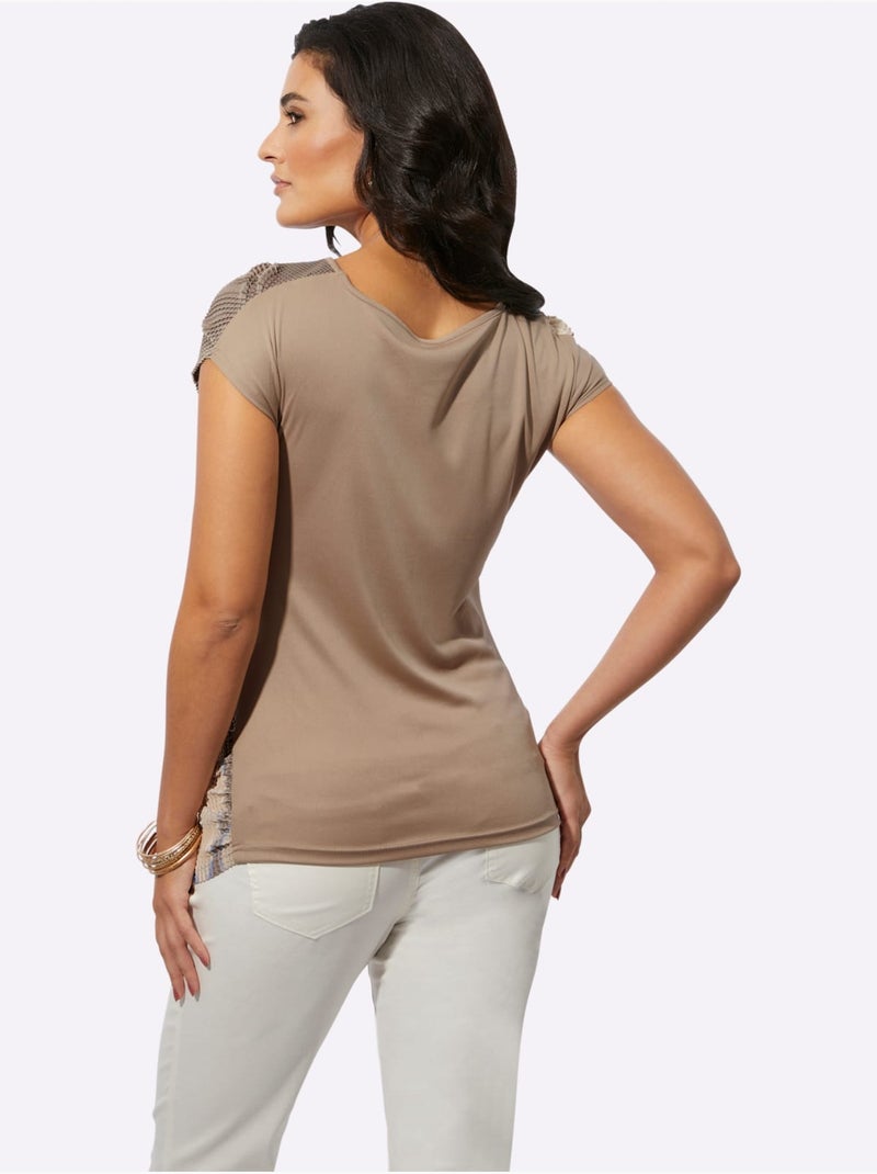 Top imprimé floral à col rond et mancherons modernes - Taille standard - Helline Blanc Beige - Kiabi