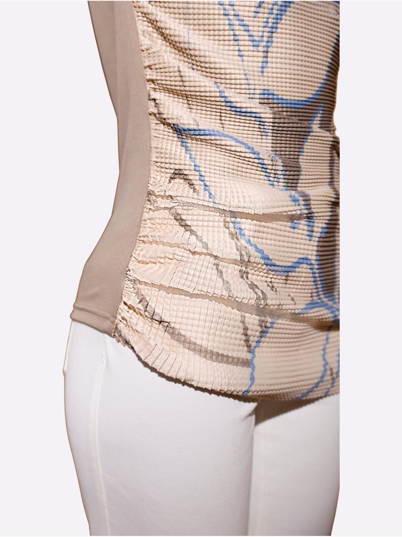Top imprimé floral à col rond et mancherons modernes - Taille standard - Helline Blanc Beige - Kiabi