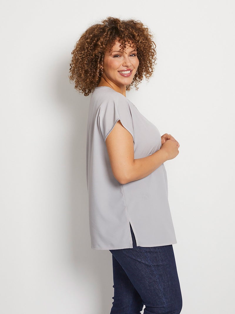 Top long manches courtes broderies col rond Argent - Kiabi