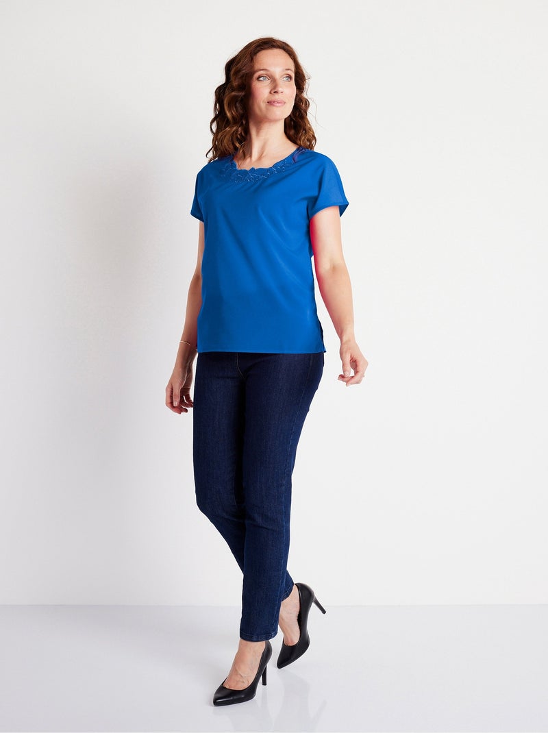 Top long manches courtes broderies col rond Bleu - Kiabi