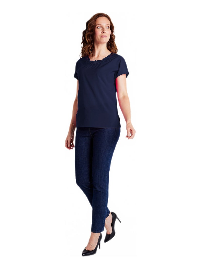 Top long manches courtes broderies col rond Bleu - Kiabi