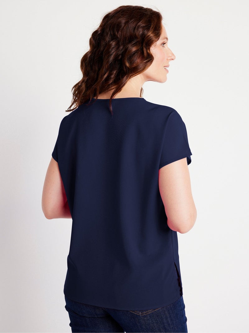 Top long manches courtes broderies col rond Bleu marine - Kiabi